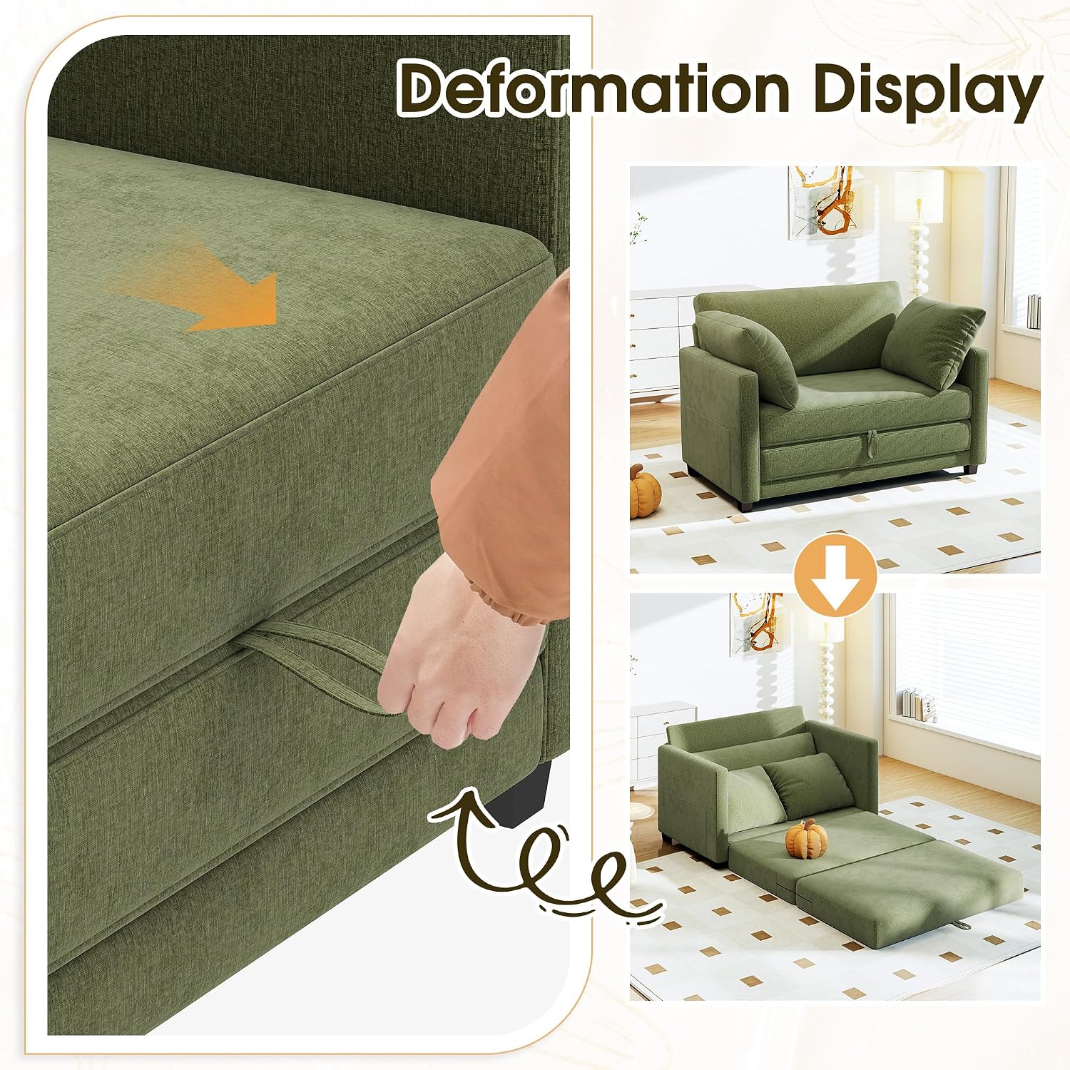51' Convertible Loveseat Sofa Bed, 2 in1 Folding Sofa Bed, Loveseat Sleeper Sofa for Small Spaces, Fold Out Floor Couch with 2 Pillows for Apartment, Living Room & Guest Room, Green Chenille Fabric