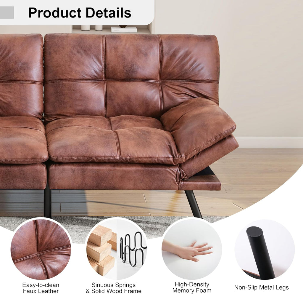 MUUEGM 71' Futon Sofa Bed, Memory Foam Convertible Faux Leather Futon Couch Bed with Adjustable Backrest & Armrest, Modern Loveseat Sleeper for Living Room and Small Apartments, Vintage Brown