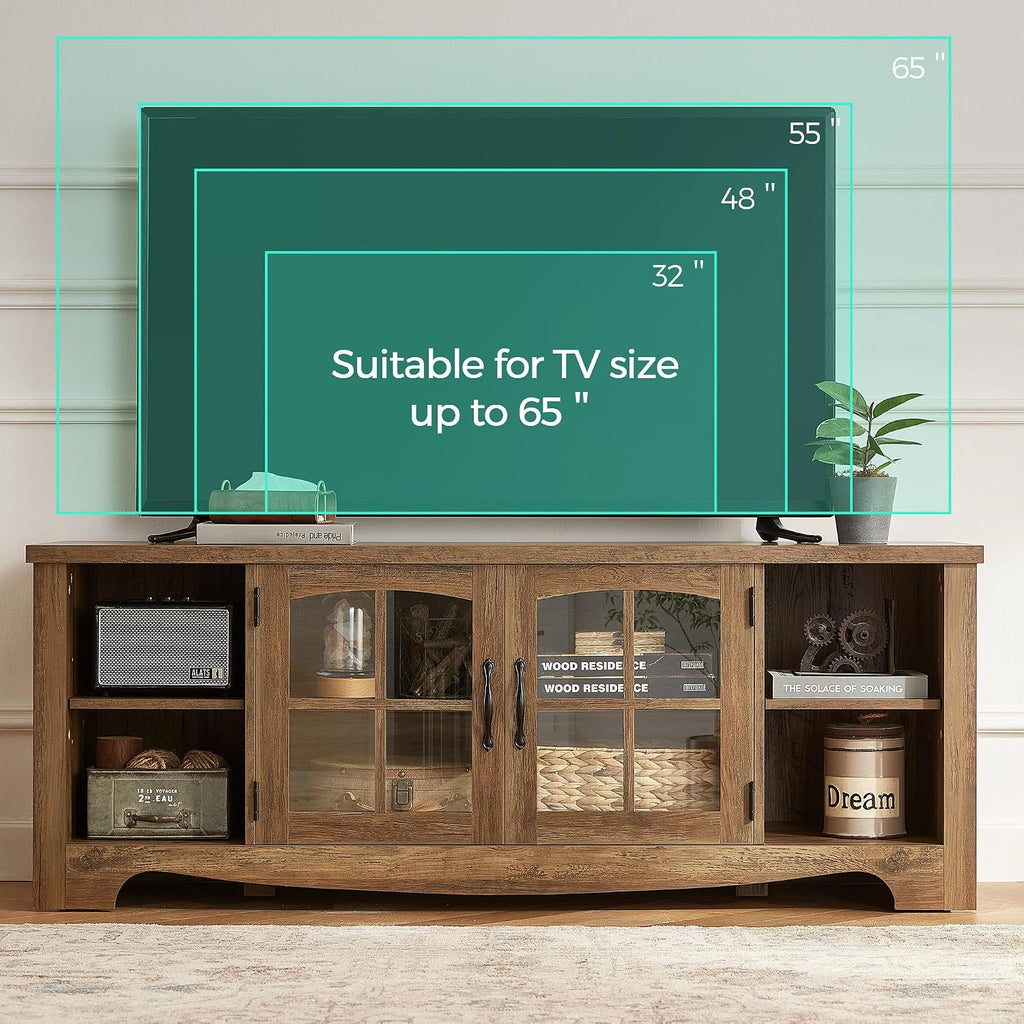 LINSY Home Farmhouse TV Stand for 65 Inch TV, Wood Entertainment Center with Glass Door Storage Cabinet & Adjustable Shelves, Large Sturdy Console Table for Living Room & Bedroom