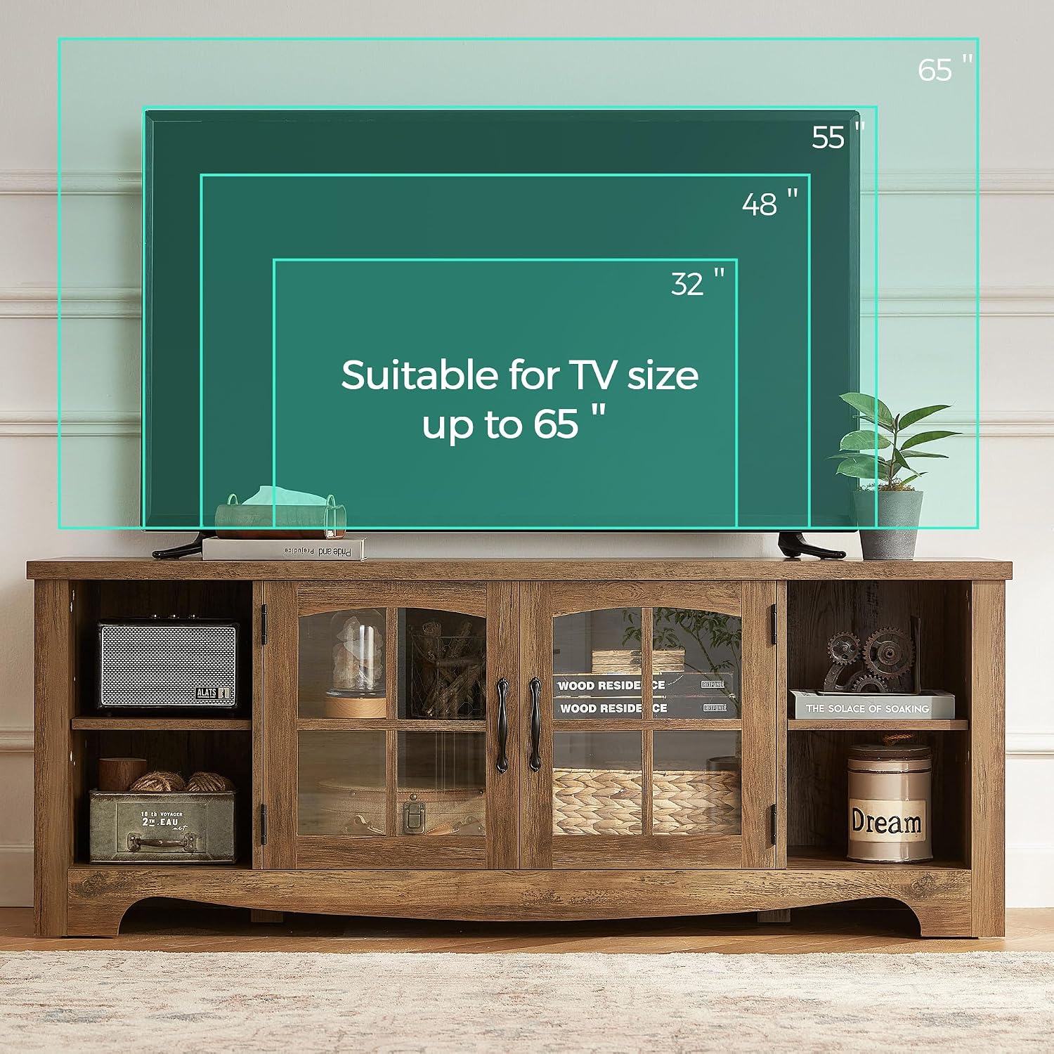 LINSY Home Farmhouse TV Stand for 65 Inch TV, Wood Entertainment Center with Glass Door Storage Cabinet & Adjustable Shelves, Large Sturdy Console Table for Living Room & Bedroom