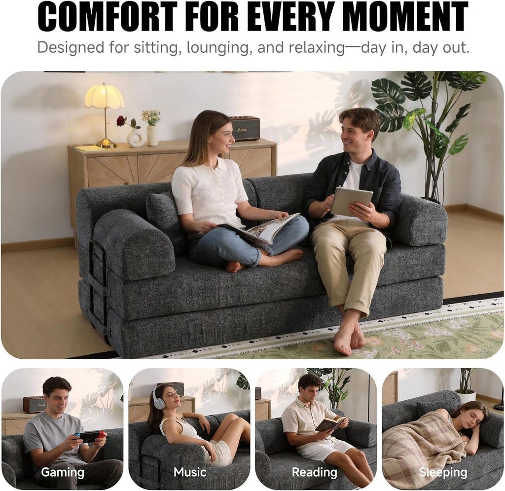 78.8' Memory Foam Boneless Couch, Corduroy Floor Sofa Bed, Convertible Sleeper Futon Loveseat, Wide Armrest & Back Support, Supports Up to 1200lbs, Couch in a Box with 2 Pillows, Charcoal Gray