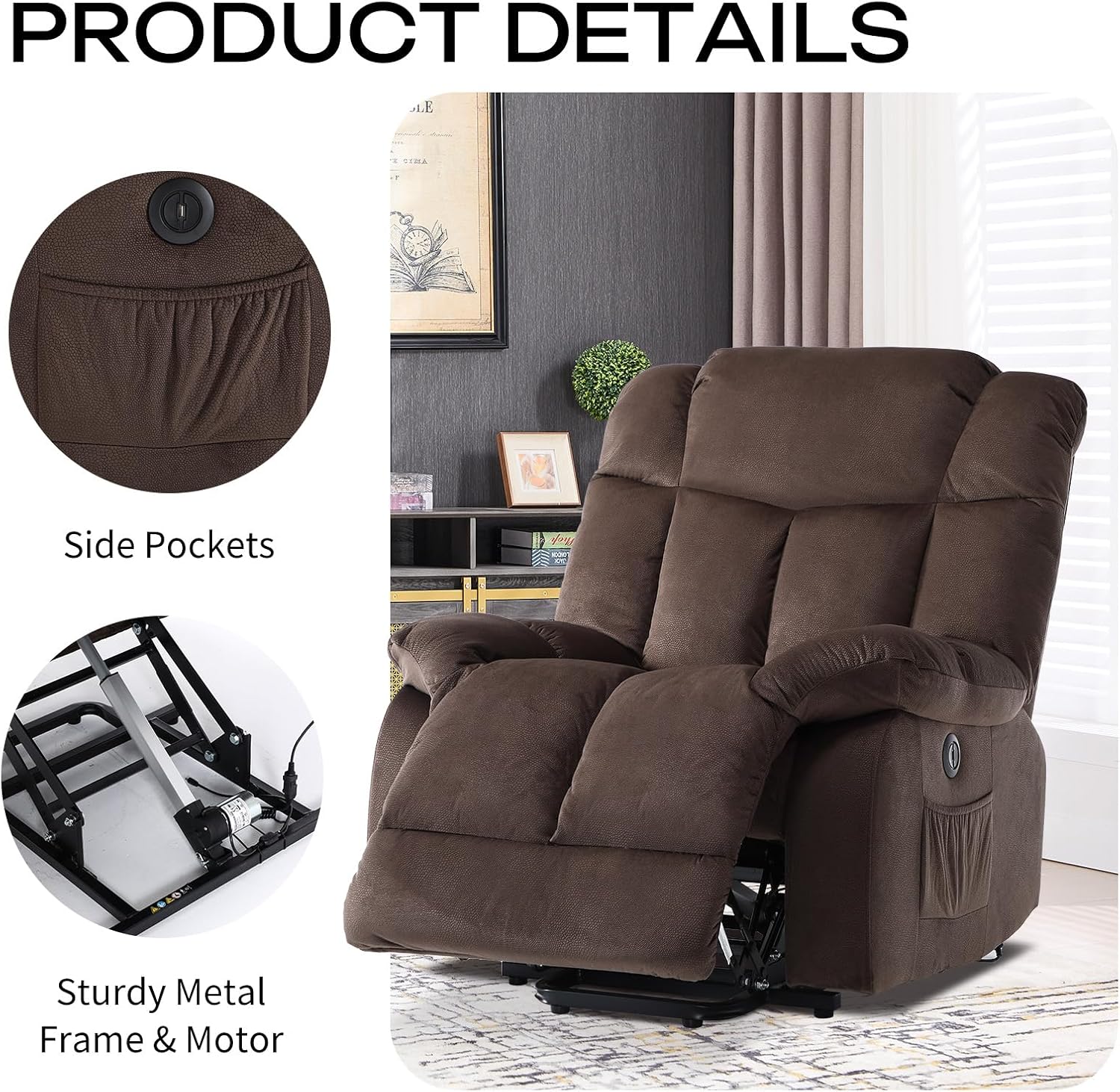 CANMOV Power Lift Electric Recliner Chair for Elderly- Heavy Duty and Safety Motion Reclining Mechanism-Antiskid Fabric Sofa for Living Room, Chocolate