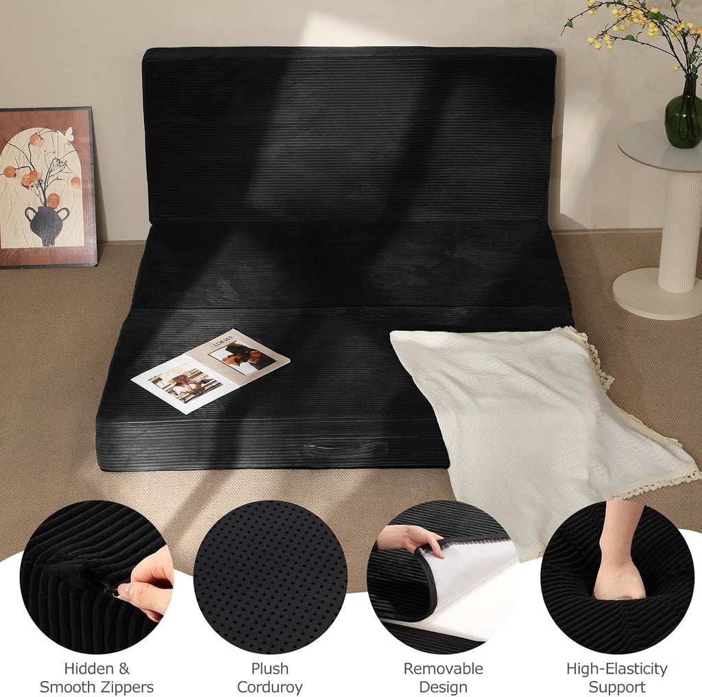 6-Inch Tri-Folding Mattress Full Size - Foldable Futon Sofa Bed with Removable Washable Cover, Folding Mattress | Non-Slip Bottom & Carry Handles for Guest, Camping, Dorm