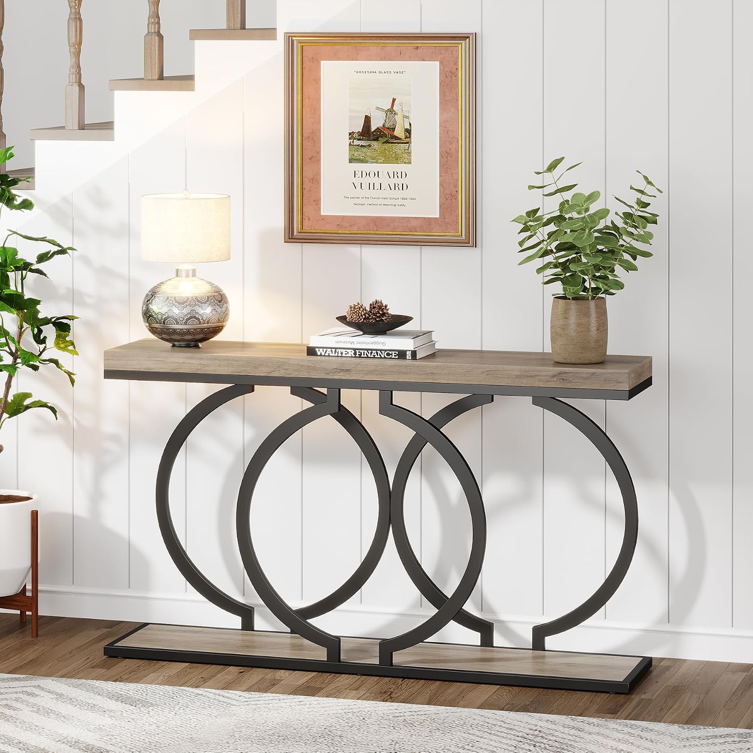 Tribesigns Console Table, 55-Inch Industrial Entryway Table with Geometric Metal Frame, Narrow Long Wood Accent Sofa Table for Living Room, Entrance, Hallway, Vintage Grey