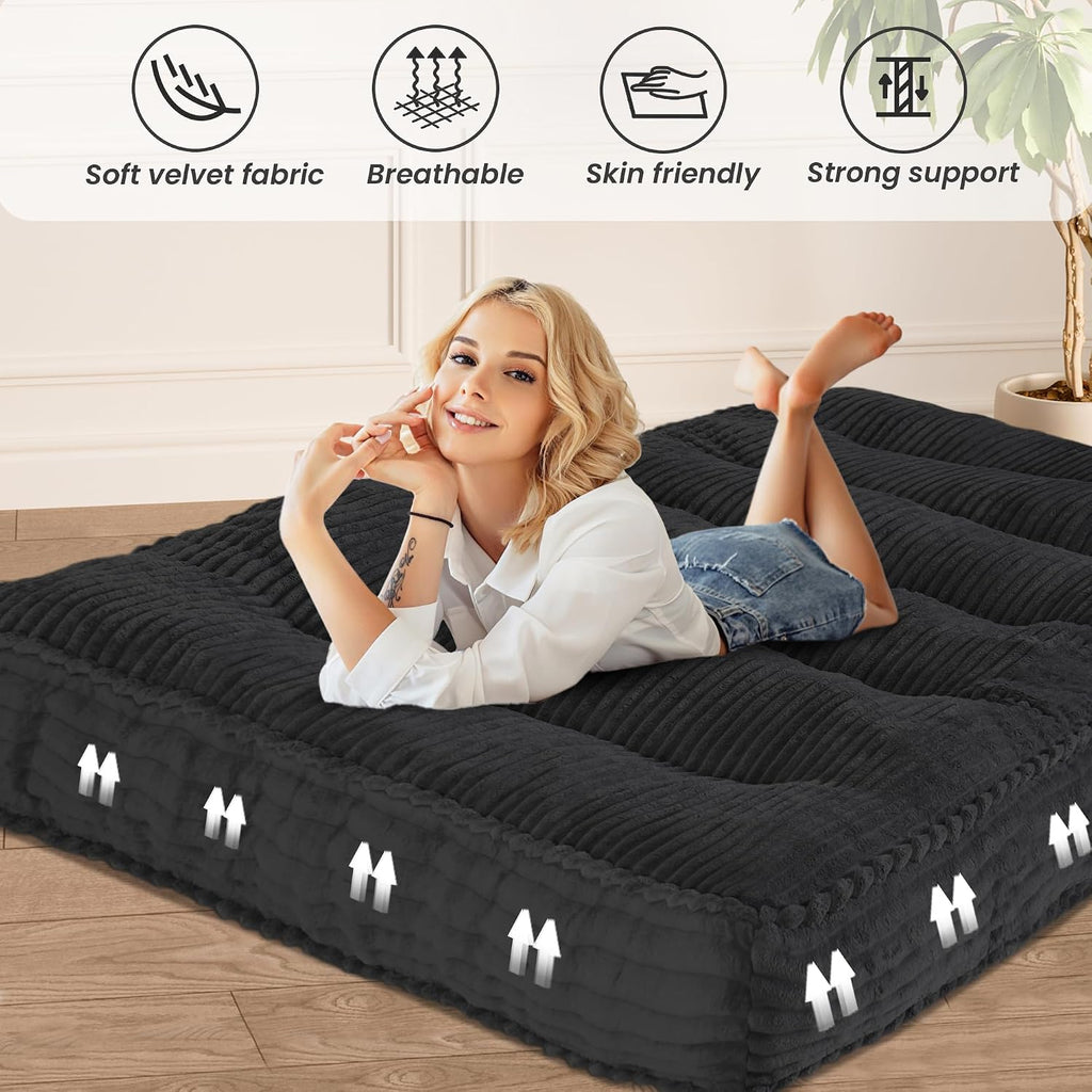 8' Futon Mattress Full Size 54' x 80', Futon Sofa Couch Bed with Twisted Rope Design Edging, Extra Thick Corded Floor Futon Mattress Sleeping Mat for Adults, Camping, Dorm, Black(Frame Not Included)