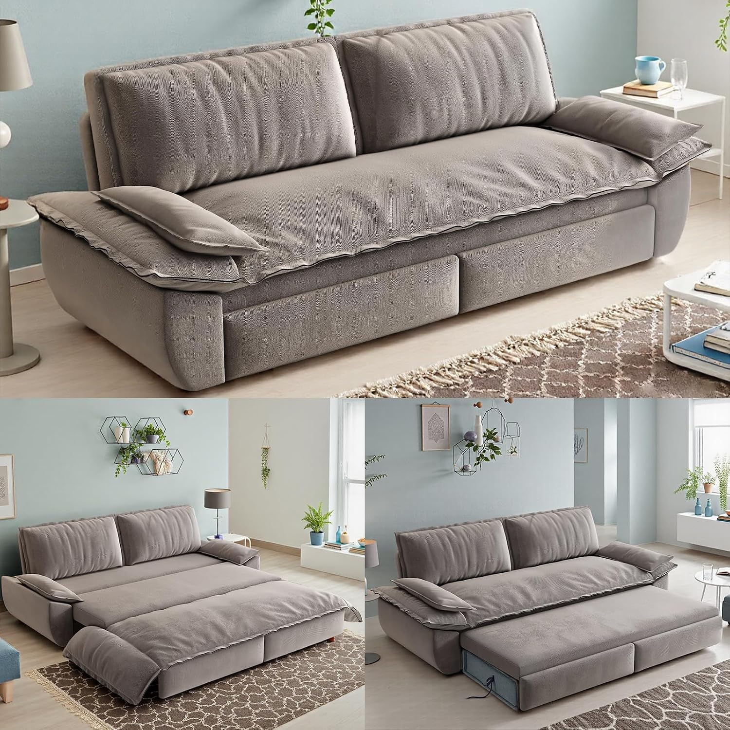 73.2-Inch Queen Size Convertible Sleeper Sofa Bed, 3-in-1 Pull-Out Futon Loveseat, Velvet Futon Couch with 2 Soft Pillows for Living Room, Office, Apartment, RV, Hide-A-Bed Fold Out Sofa&Couches