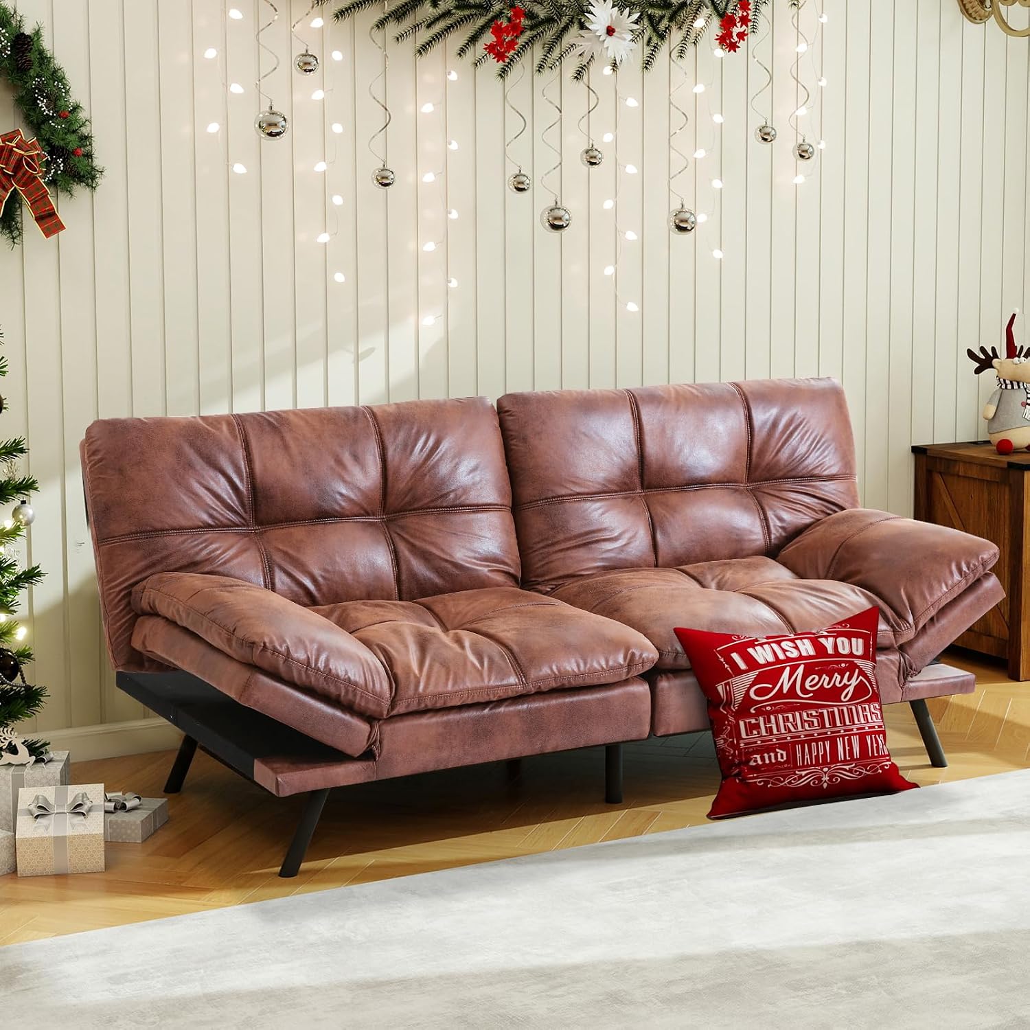 MUUEGM Futon Sofa Bed Couch Sofa, Memory Foam Futon Sleeper Sofa Loveseat Convertible Couch Bed for Small Compact Spaces, Apartment, Brown