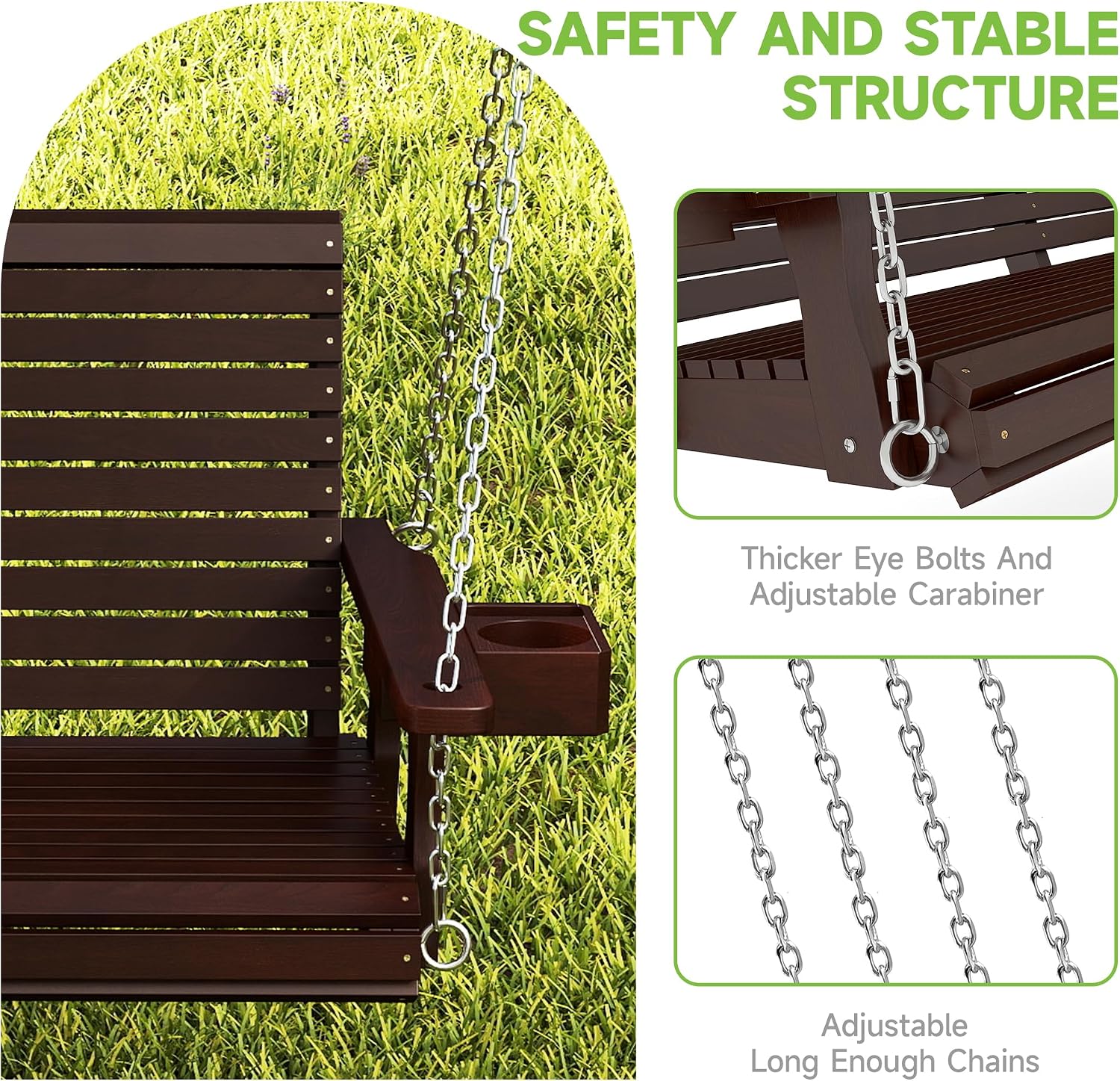 Real Relax Front Porch Swing, Wooden 3 Person Outdoor Hanging Patio Swing Chair with Cup Holders, Upgraded 22' Deep Seat Bench, Heavy Duty 880 Lbs for Courtyard, Garden, Backyard 5 Ft (Brown)