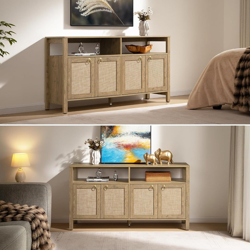 SICOTAS Rattan TV Stand for Television up to 65 Inch - 29.5' Tall Entertainment Center with Storage and Open Shelves,Boho Media TV Console Cabinet with 4-Doors and Adjustable Shelf for Living Room