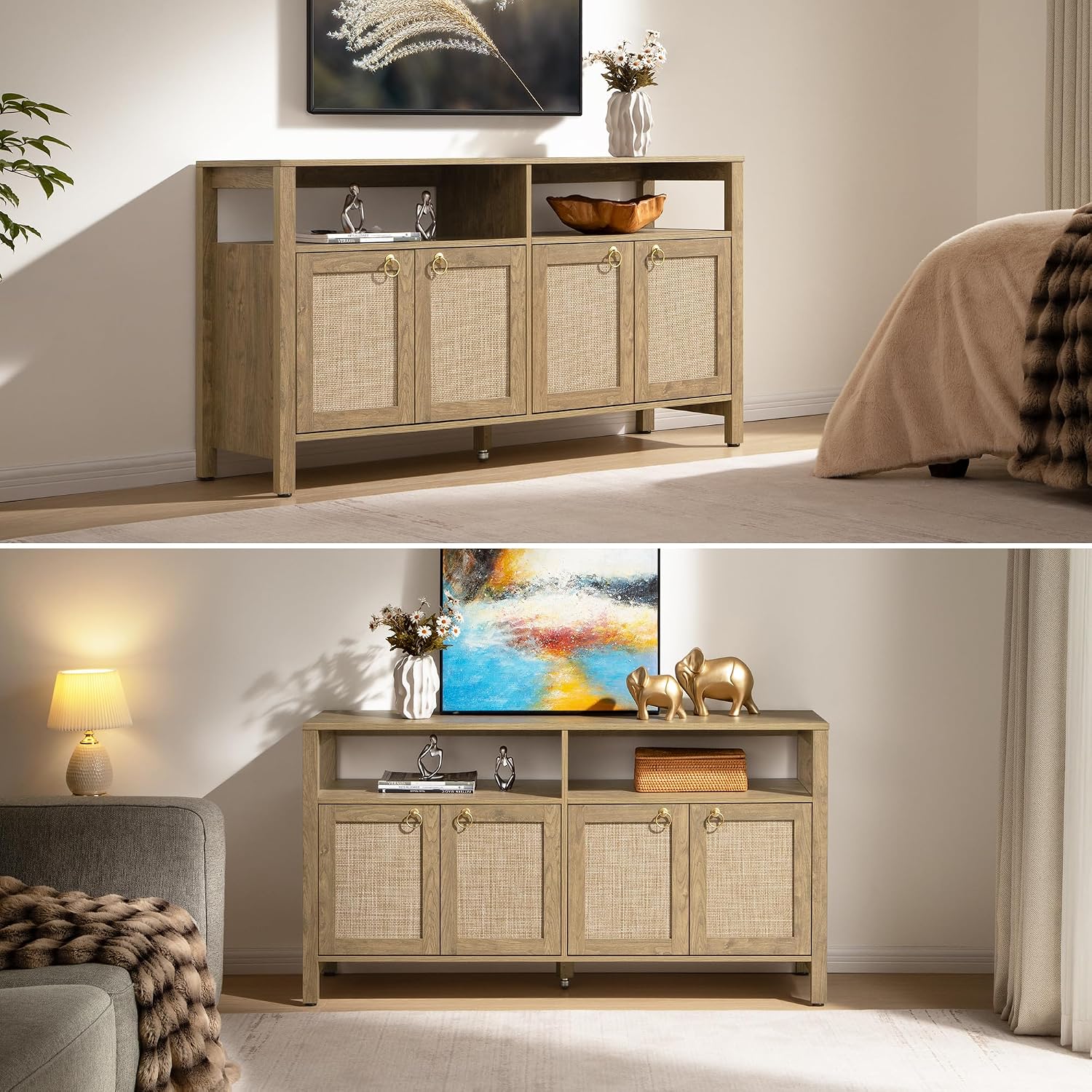 SICOTAS Rattan TV Stand for Television up to 65 Inch - 29.5' Tall Entertainment Center with Storage and Open Shelves,Boho Media TV Console Cabinet with 4-Doors and Adjustable Shelf for Living Room