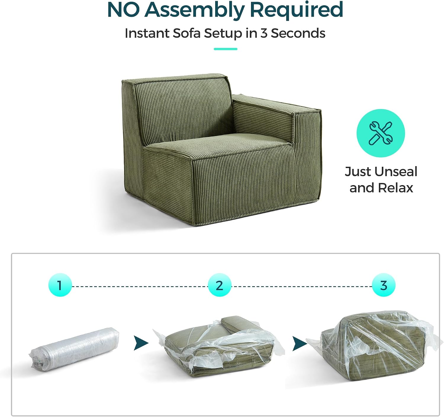 LINSY HOME Modular Sectional Sofa, 105' Boneless Couch L Shaped 3-Seat Sofa with Ottoman, Corduroy Sectional Cloud Couches for Living Room, No Assembly Required, Green