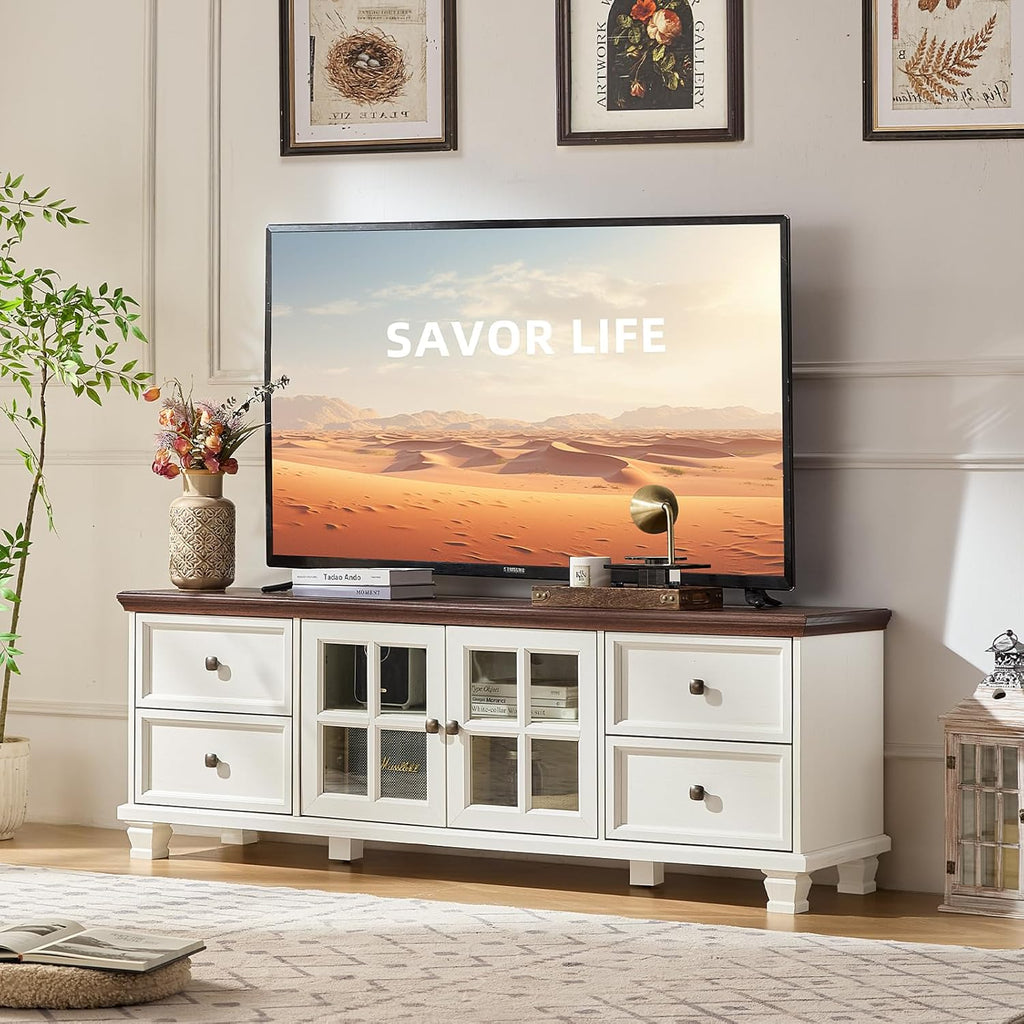 SAVOR LIFE TV Stands for Living Room, Farmhouse Entertainment Center, Rustic Wood TV Stand with Drawers for 75 Inch TV, White