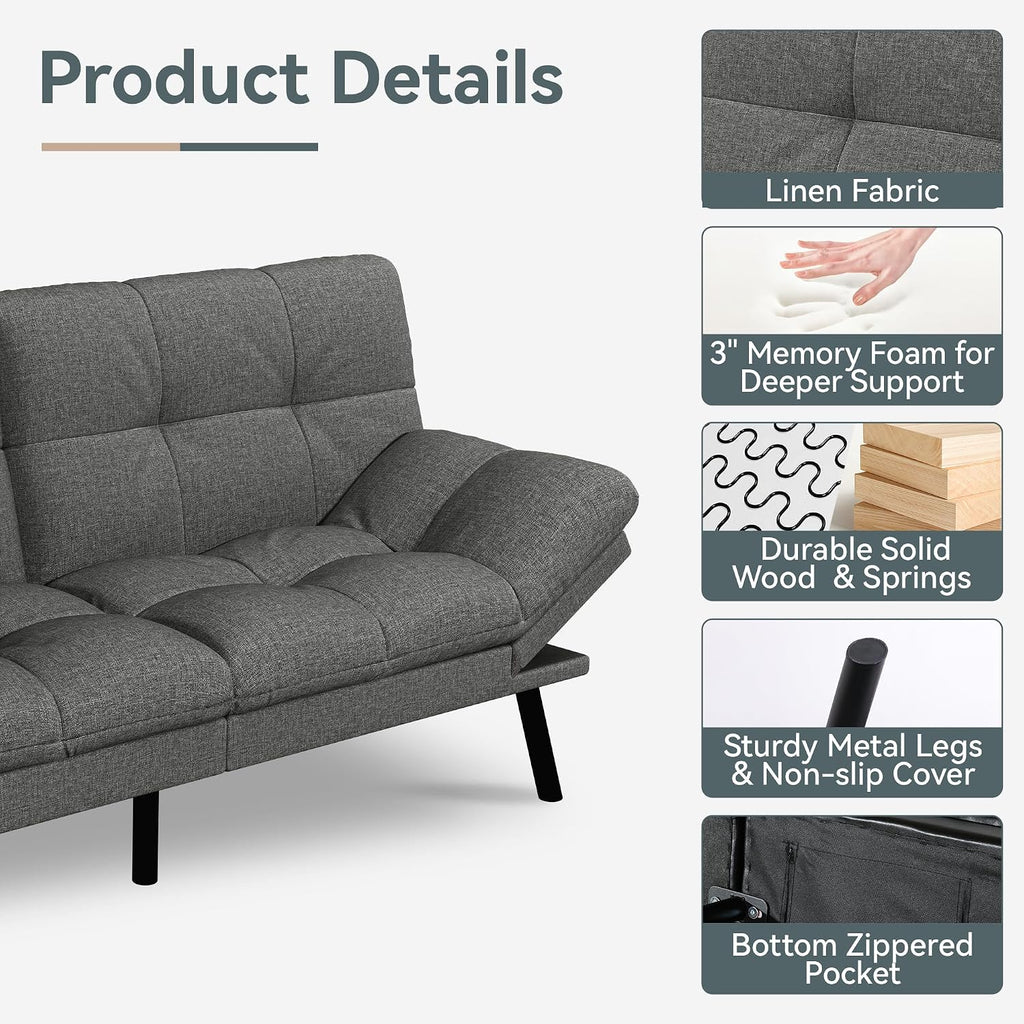 Vyfipt Convertible Futon Sofa Bed, Grey Linen Futon Couch with Adjustable Backrest & Armrests, Folding Small Recliner Sleeper Sofa Bed for Living Room, Apartment, Office
