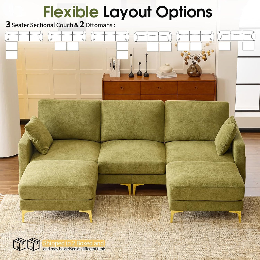 VINGLI 100' W U Shaped Couch with Ottoman, 22' Deep Seat Comfortable Sectional Couches for Living Room, 3 Seater Chenille Fabric Cloud Sofa for Apartment, Small Spaces, Bedroom, Green