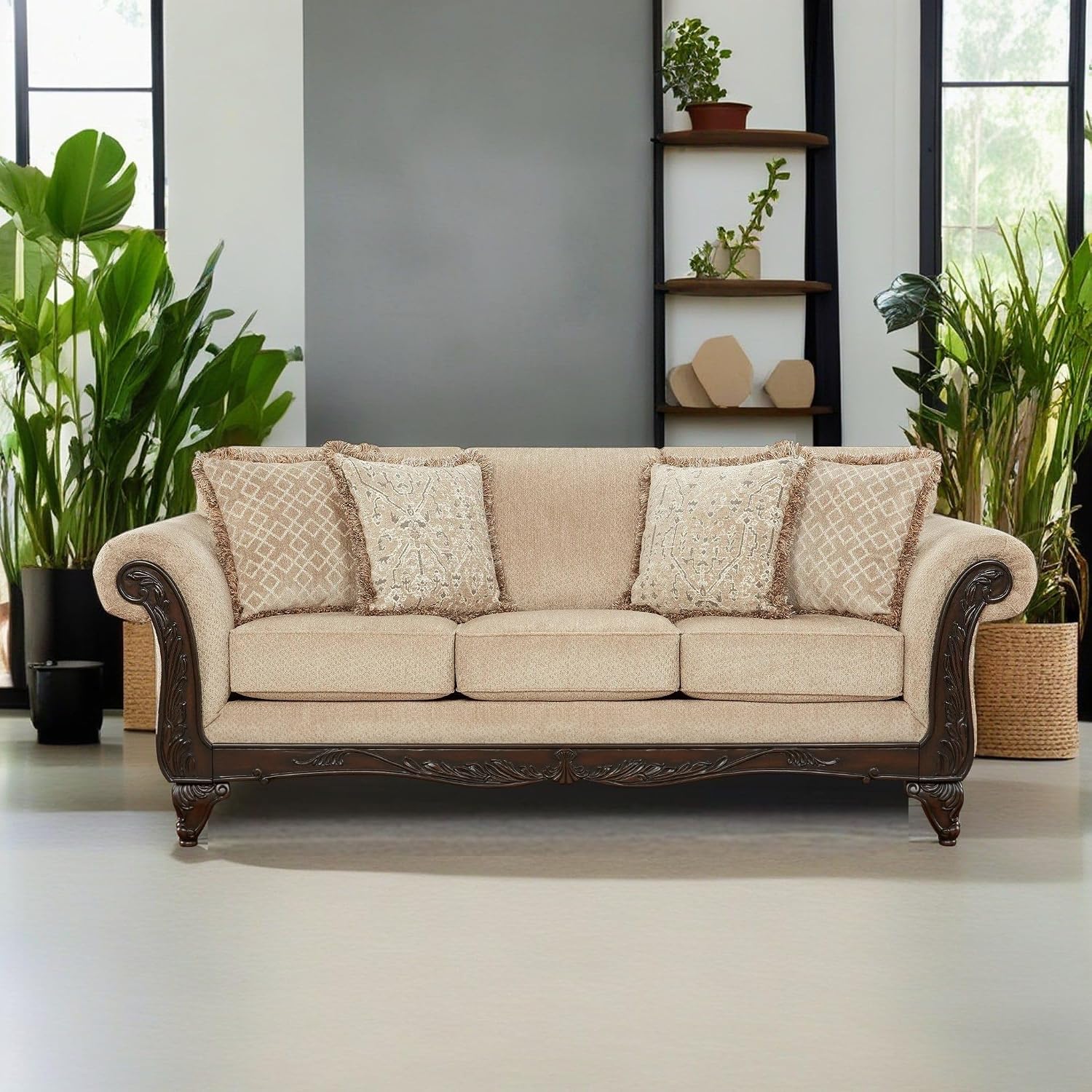 Hernen Carved Wood Frame Sofa, Beige Wheat