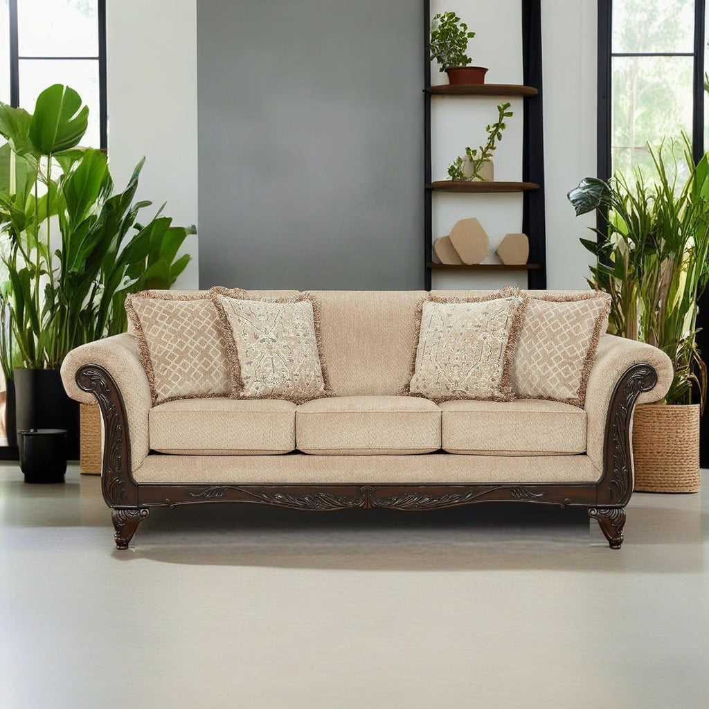 Hernen 2-Piece Living Room Set, Carved Wood Frame Sofa and Loveseat, Beige Wheat
