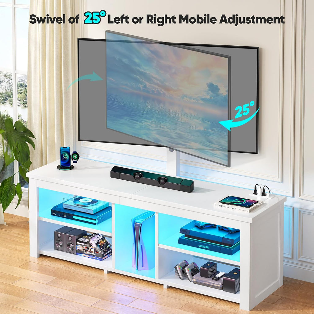TV Stand with Mount for 55/65/70 Inch TVs Wood TV Stands for Living Room with Power Outlet & LED Lights Entertainment Center Gaming Console for Bedroom, Height Adjustable Swivel TV Mount, White