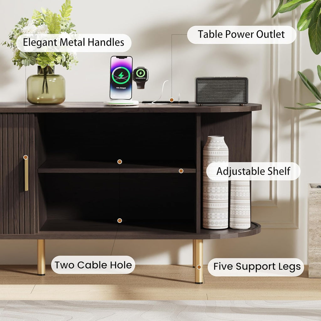 DHH 55 Inch Mid Century Modern TV Stand with Power Outlet for TVs up to 60 Inch, Entertainment Center with Storage and Adjustable Shelves, Media Console with Sliding Doors for Living Room(Dark Walnut)