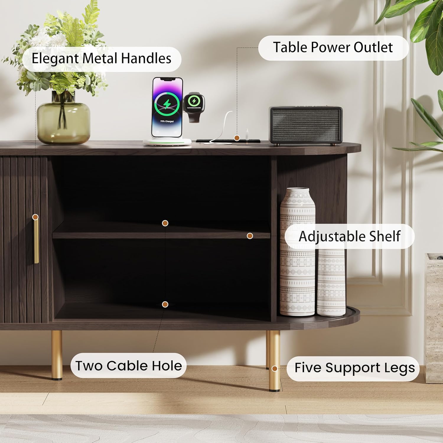 DHH 55 Inch Mid Century Modern TV Stand with Power Outlet for TVs up to 60 Inch, Entertainment Center with Storage and Adjustable Shelves, Media Console with Sliding Doors for Living Room(Dark Walnut)