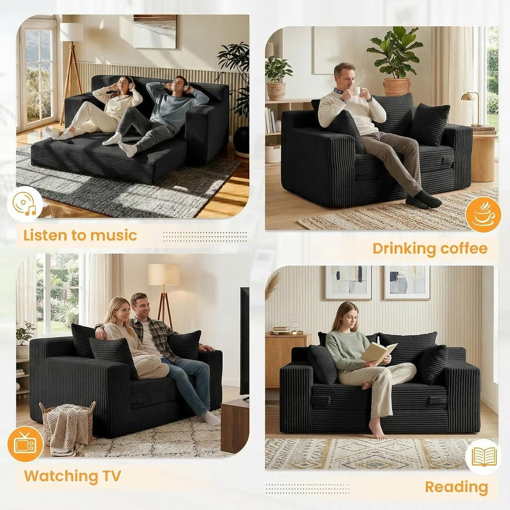 55' Small Boneless Couch, 3-in-1 Boneless Loveseat Sleeper Sofa Bed Convertible Sofa Bed with 4 Pillows, Black Corduroy Boneless Couch for Living Room, Guest Room, Small Space, No Assembly Required
