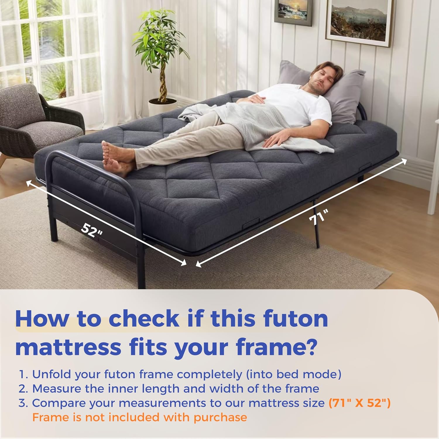 Jamdok 6' Full Size Pillow Top Futon Mattress Replacement(Frame Not Included), Gel Memory Foam, Removable Cover(71X52X6)