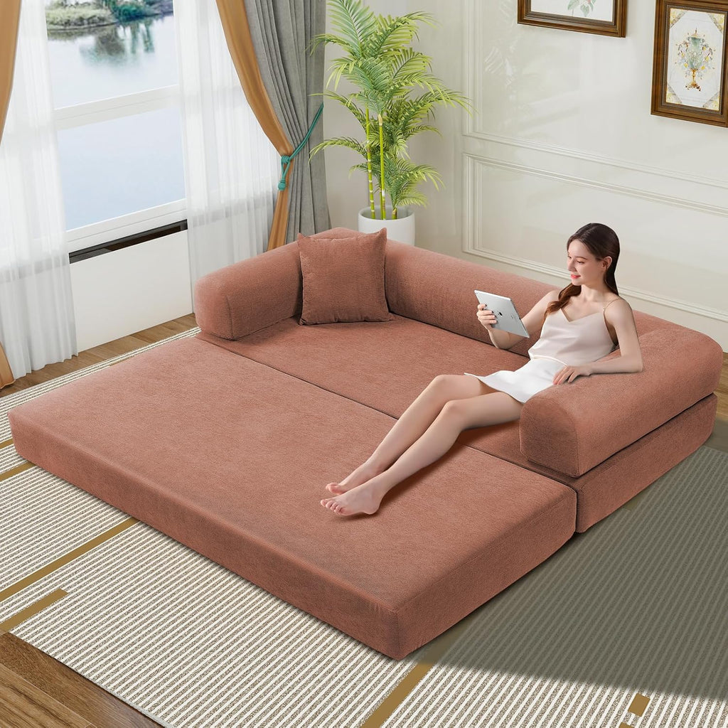 KBQ 3-Seat Convertible Sleeper Sofa Bed with 2 Pillows, Corduroy Folding Mattress Couch, Floor Sofa Lounge Couch for Living Room Bedroom Lounge Studio, Pink