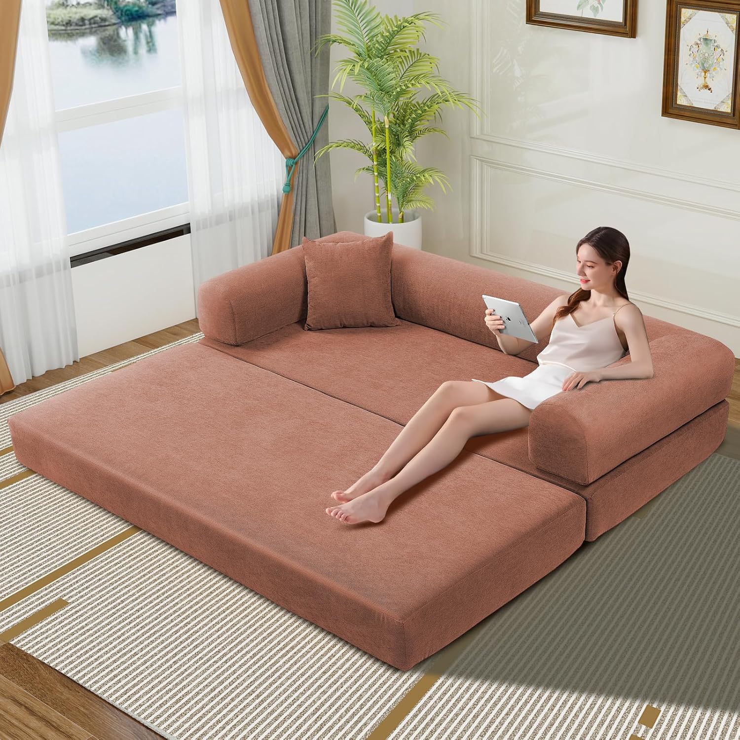 KBQ 3-Seat Convertible Sleeper Sofa Bed with 2 Pillows, Corduroy Folding Mattress Couch, Floor Sofa Lounge Couch for Living Room Bedroom Lounge Studio, Pink