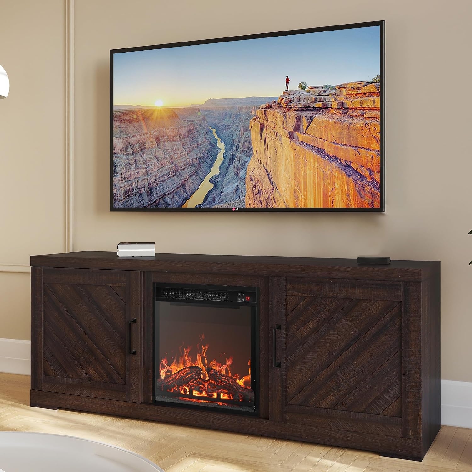 BELLEZE Modern 58' Farmhouse TV Stand with 18' Electric Fireplace Heater & Media Entertainment Center for TV up to 65', Console Table with Storage Cabinets - Hilo (Espresso)