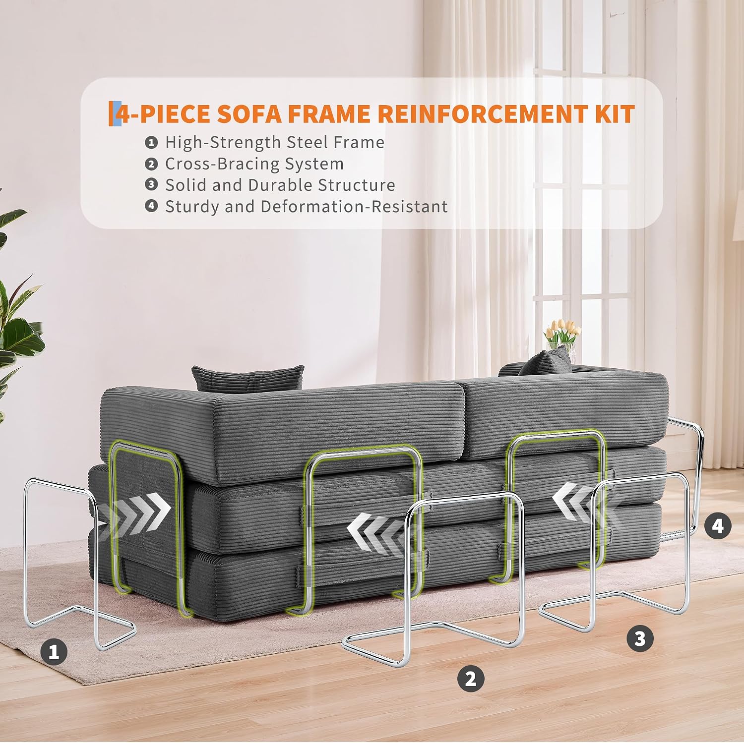 Garvee 5-in-1 Convertible Sofa Bed, 78.8' Modular Corduroy Sleeper with Sturdy Frame & No Assembly, Multi-Functional Futon for Small Space, Living Room & Guest Room (Gray)