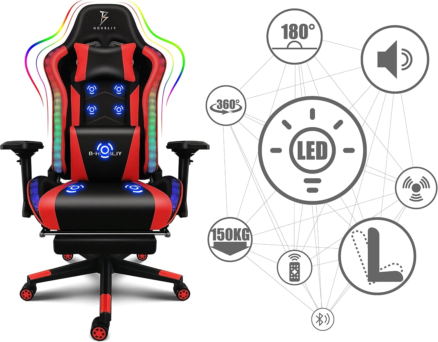 Gaming Chair for Adults,RGB Computer Chair with Footrest, Ergonomic Chair 4D Armrest Move Up And Down 8CM - Video Game Chair with Lumbar Massage Support And Headrest for Office Teenager,Black