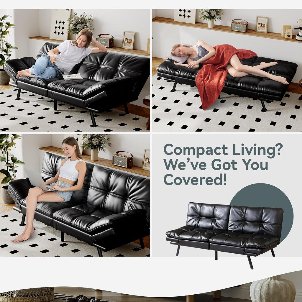 Futon Sofa Bed Convertible Couch, Black Faux Leather Sofa Bed with Memory Foam, Adjustable Backrest & Armrests, Multifunctional Small Loveseat Sleeper Sofa for Living Room, Apartment, Office