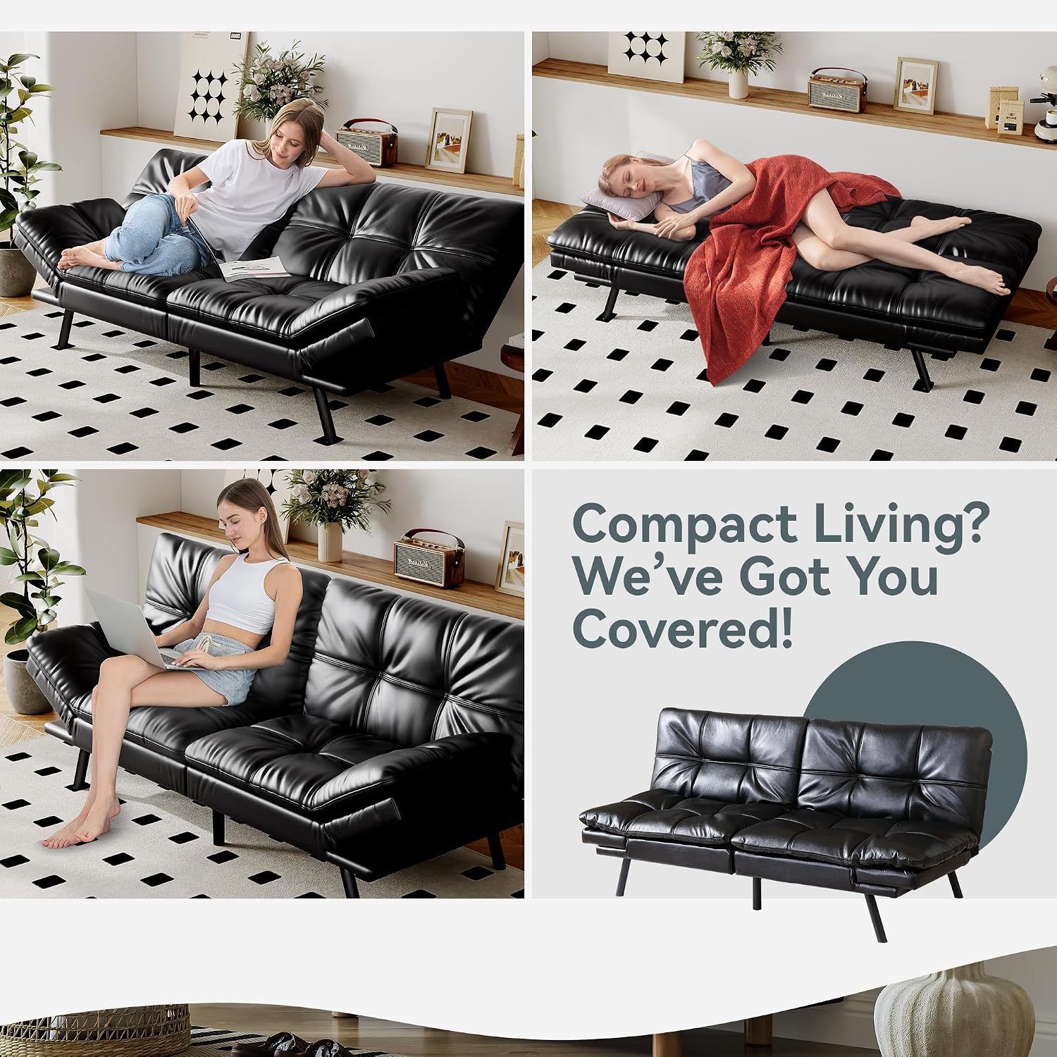 Futon Sofa Bed Convertible Couch, Black Faux Leather Sofa Bed with Memory Foam, Adjustable Backrest & Armrests, Multifunctional Small Loveseat Sleeper Sofa for Living Room, Apartment, Office