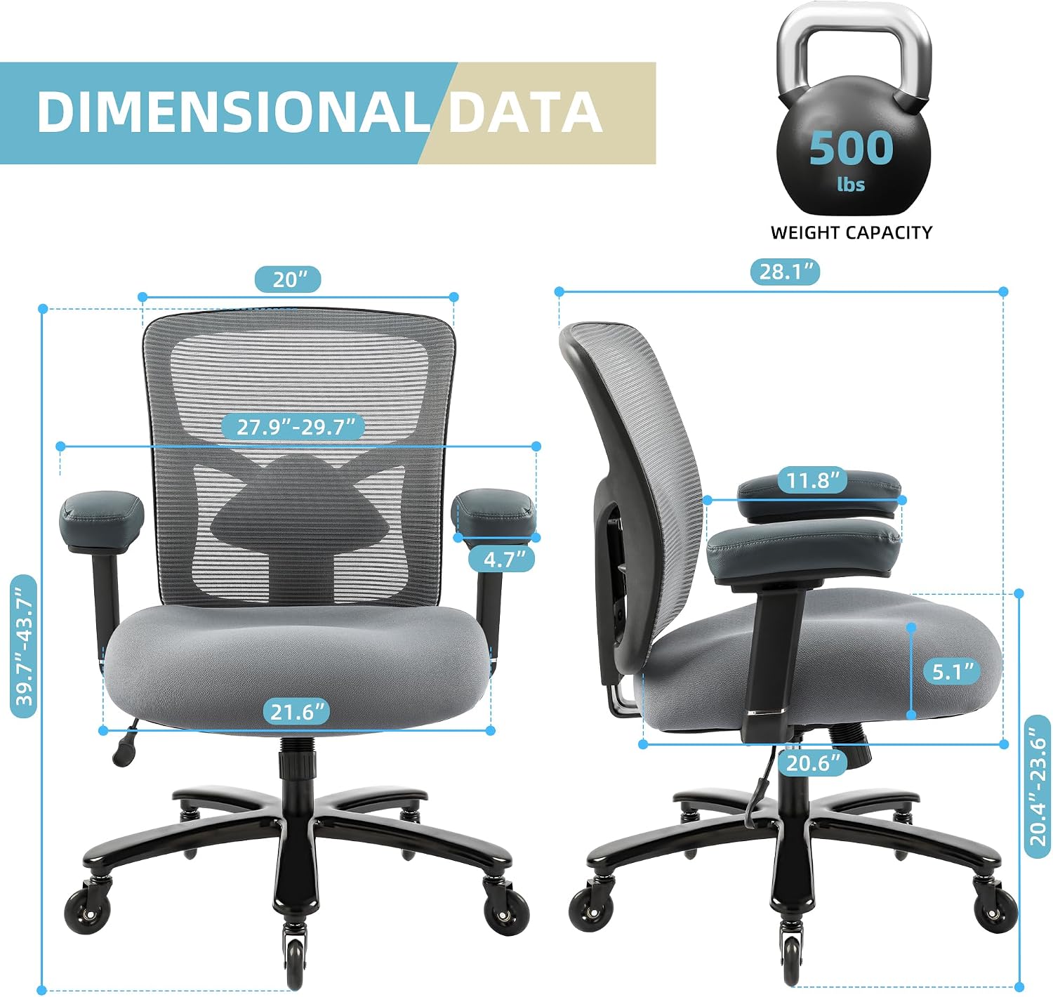 500LBS Big and Tall Office Chair with 4D Armrests & Adjustable Backrest, Heavy Duty Office Chair for Heavy People, Memory Foam Seat Filling Springs, Grey