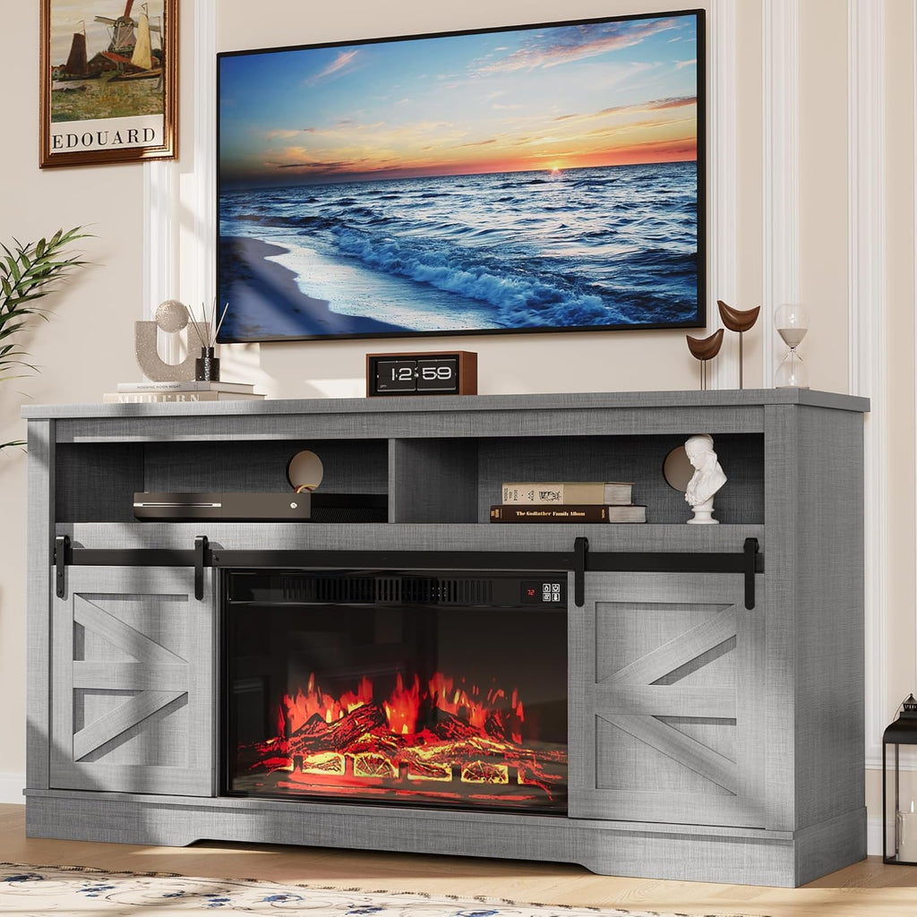 YESHOMY Fireplace TV Stand for Television up to 65+ Inch with Storage and Farmhouse Sliding Barn Doors, Entertainment Center with Cabinet and Shelves, Media Console for Living Room,Rustic Gray
