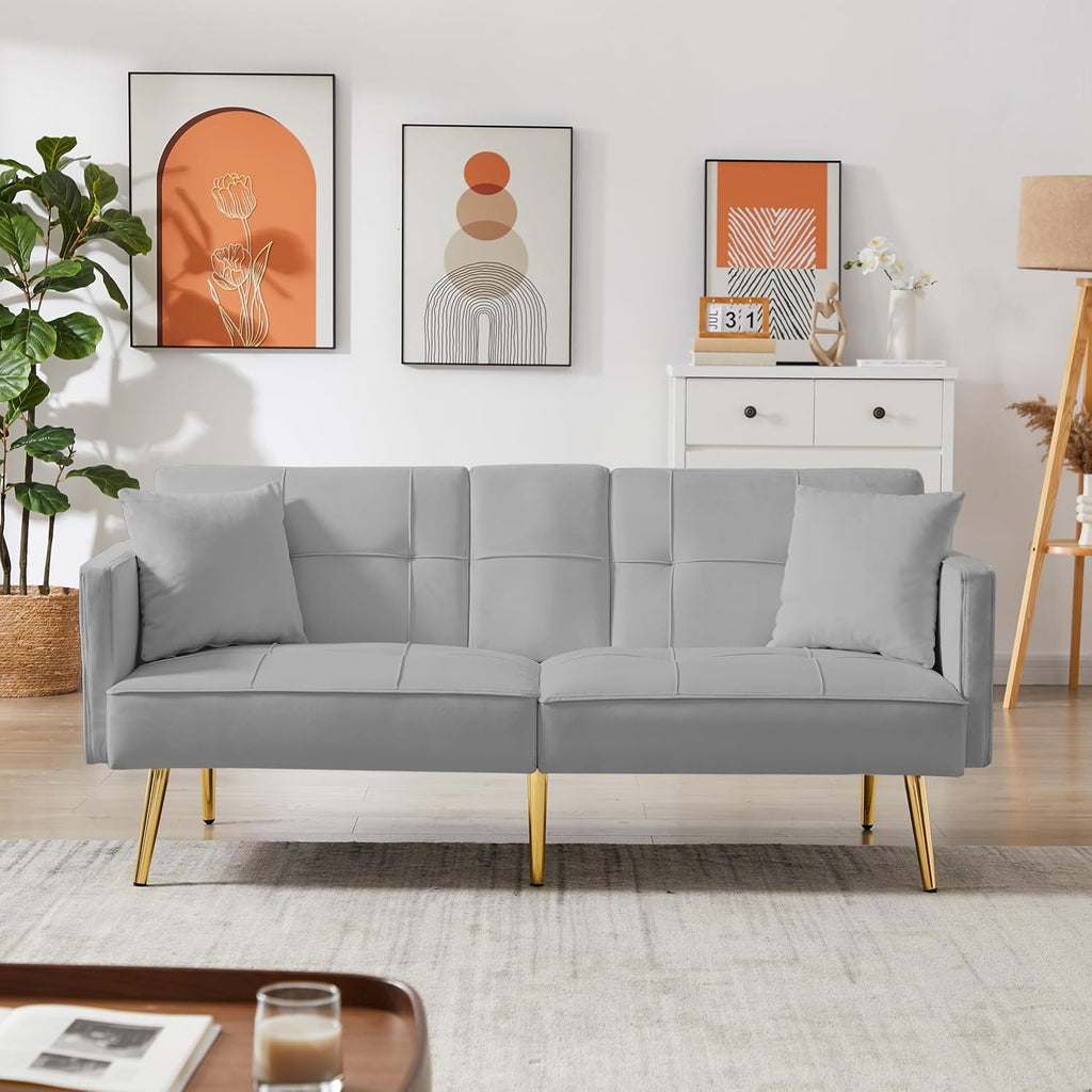 hansones Convertible Velvet Futon Sofa Bed,Sleeper Sofa Couch with Two Pillows and Golden Metal Legs for Living Room
