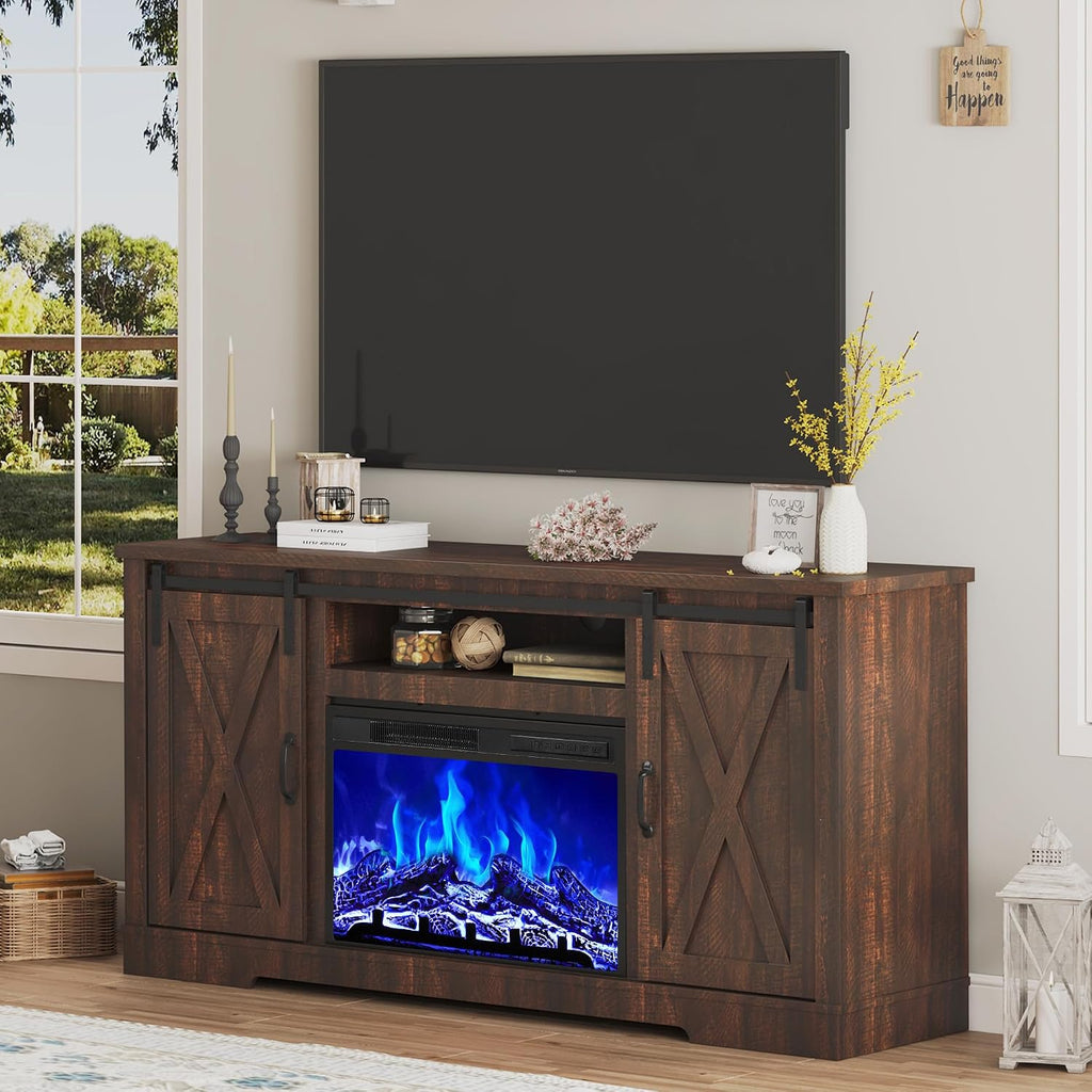 AMERLIFE Fireplace TV Stand with Sliding Barn Door for TVs up to 73', Farmhouse 63' Fireplace Entertainment Center with Storage Cabinets/Adjustable Shelves, Reclaimed Barnwood