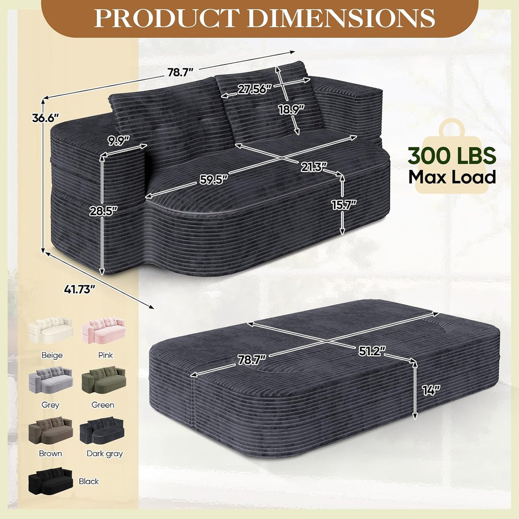 Convertible Sleeper Sofa, Modern 78-inch Folding Futon Corduroy Floor Foam Compression Loveseat Sofa Bed Couch, Foldable Full Size Guest Bed with 2 Pillows for Living Room Bedroom Apartment, Dark Grey