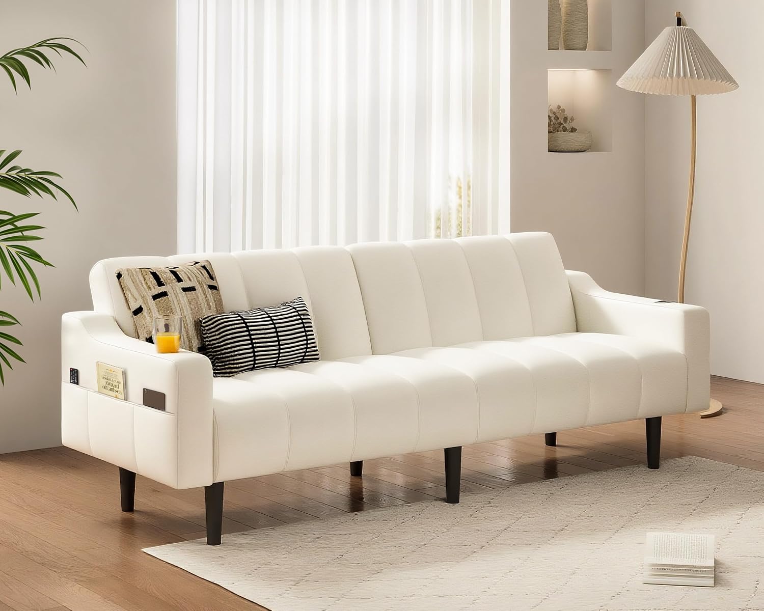 80'' Futon Sofa Bed,Faux Leather Futon Sleeper Sofa, Convertible Loveseat with Adjustable Sofa Backrest,Modern Couches for Living Room, Bedroom, Apartment, Office (Beige)