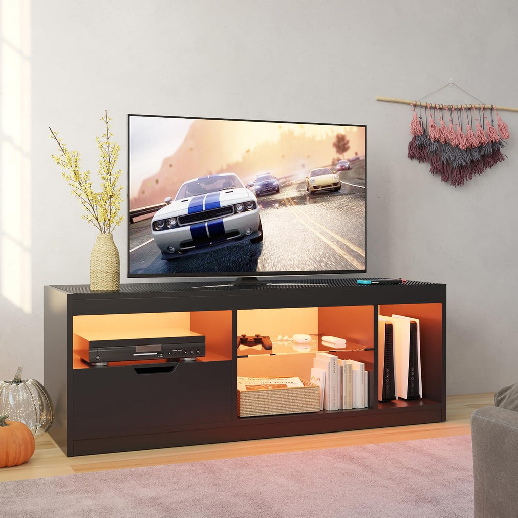 JUMMICO TV Stand, Entertainment Center LED Gaming TV Stand for 65+ Inch TV Carbon Fiber Top, Dynamic RGB Modes TV Cabinet Console with Adjustable Glass Shelves Storage Drawers (Black)