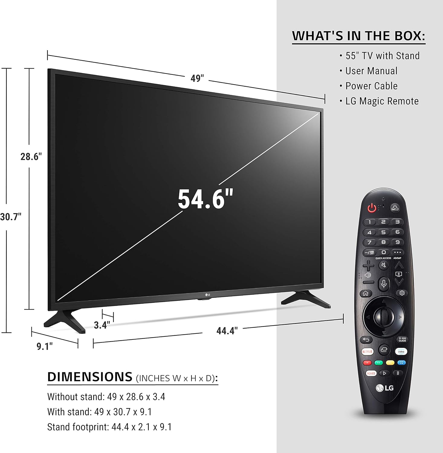 LG UN73 Series 55' Alexa Built-in, 4K UHD IPS Smart TV, Bluetooth Surround Ready, Apple Airplay 2, webOS with Magic Remote (55UN7300PUF, 2020)