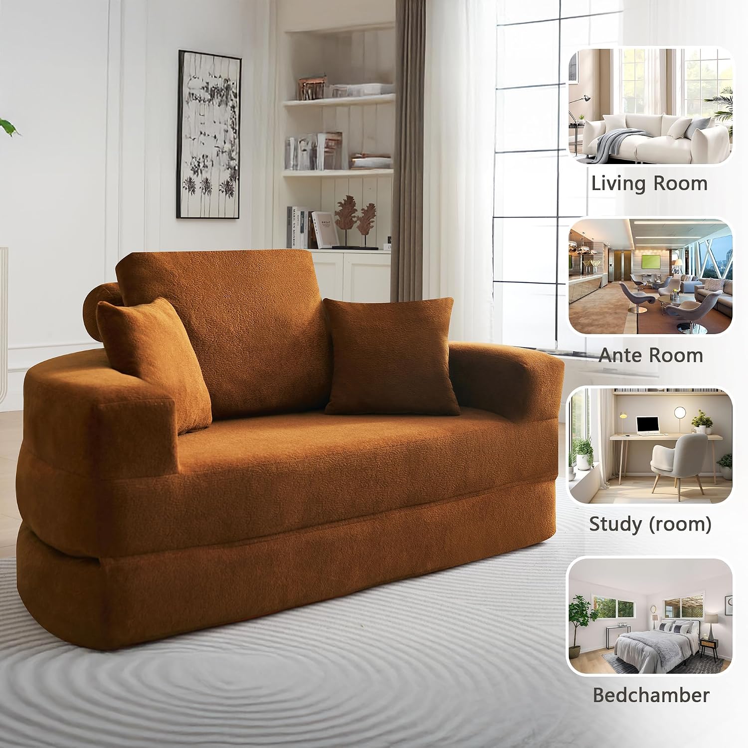 71' Boneless Couch Sofa Bed Oversized Round Couch 2-in-1 Foldable Floor Loveseat Sofa for Living Room and Apartment No Assembly (Orange, 71')