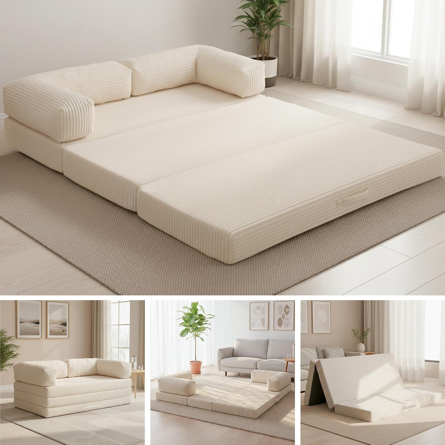 Convertible Sofa Bed King,5-in-1 Folding Boneless Couch Corduroy Futon Sofa Bed,Tri-Fold Mattress with Removable Armrests & Handle,Sleeper with Pull Out Bed for Small Space Living Room Bedroom