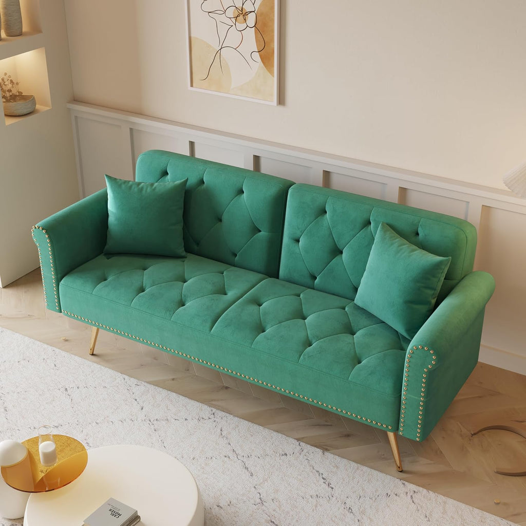 KEIKI 70' Folding Futon Sofa Couch w/Adjustable Backrest, Mid Century Modern Loveseat Convertible to Sleeper Bed, Small Comfy Velvet Cloud Couch SofaBed for Living Room & Bedroom, 2 Pillows, Green
