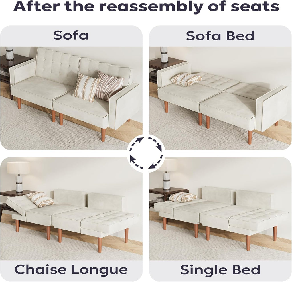 Furnify 71' Velvet Futon Sofa Bed, Versatile Loveseat Couch, Sleeper Sofa with Adjustable Backrest, Mid Century Modern Futon Couch for Small Space, Living Room, Office & Apartment, Velvet Fabric Beige