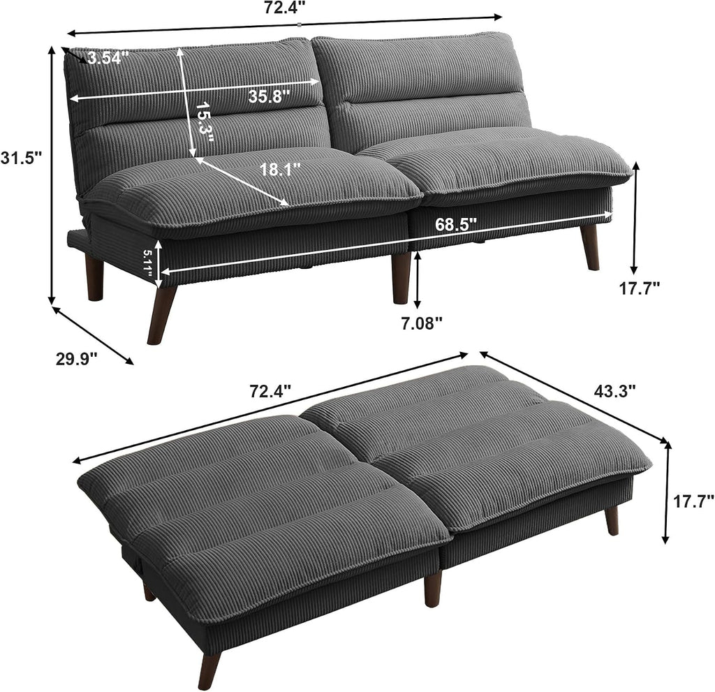 Futon Sofa Bed, 72' Convertible Futon Couch with 3-Level Adjustble Backrest, Modern Loveseat Couch, Folding Recliner Sleeper Sofa for Small Spaces, Living Room, Apartment, Guest Room, Dark Grey