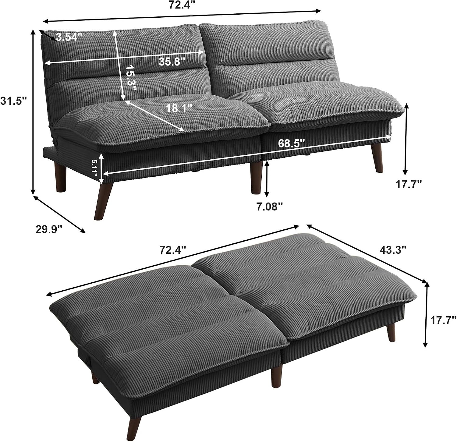 Futon Sofa Bed, 72' Convertible Futon Couch with 3-Level Adjustble Backrest, Modern Loveseat Couch, Folding Recliner Sleeper Sofa for Small Spaces, Living Room, Apartment, Guest Room, Dark Grey