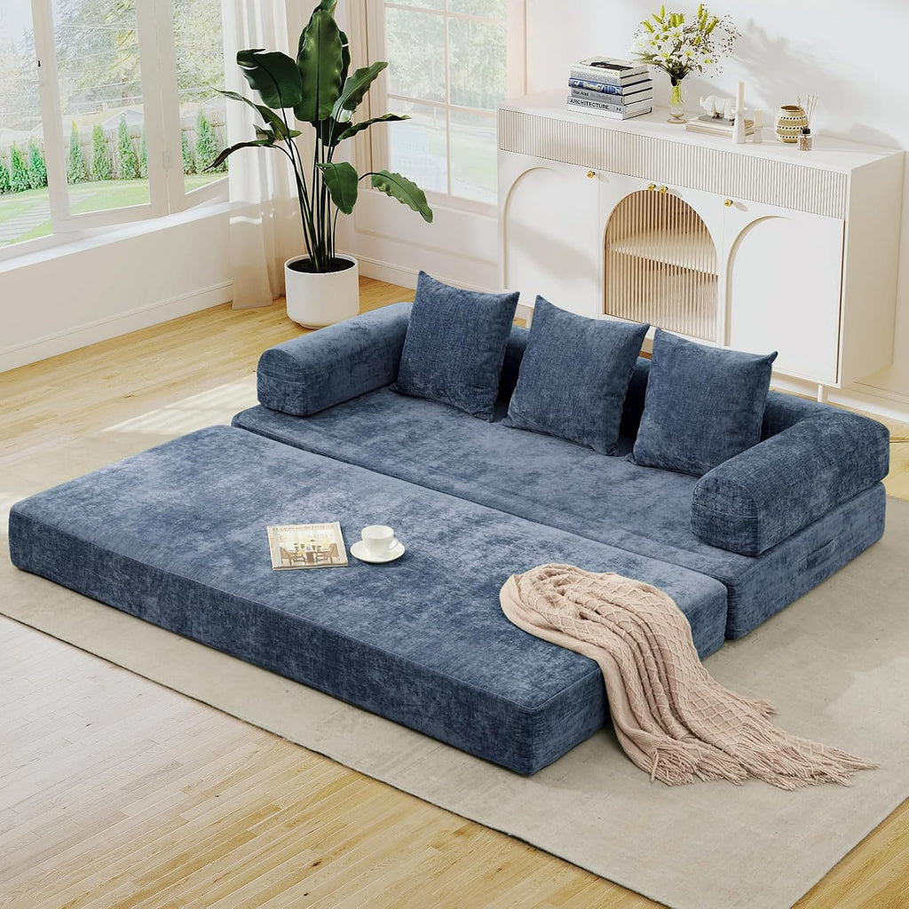 Deolme 3 in 1 Convertible Futon Sofa Bed, Modern King Size Chenille Loveseat Sleeper Sofa Folding, 3-Seater Foldable Lounger Couch Bed for Living Room, Bedroom Guest Room (Blue, 3 Throw Pillows)