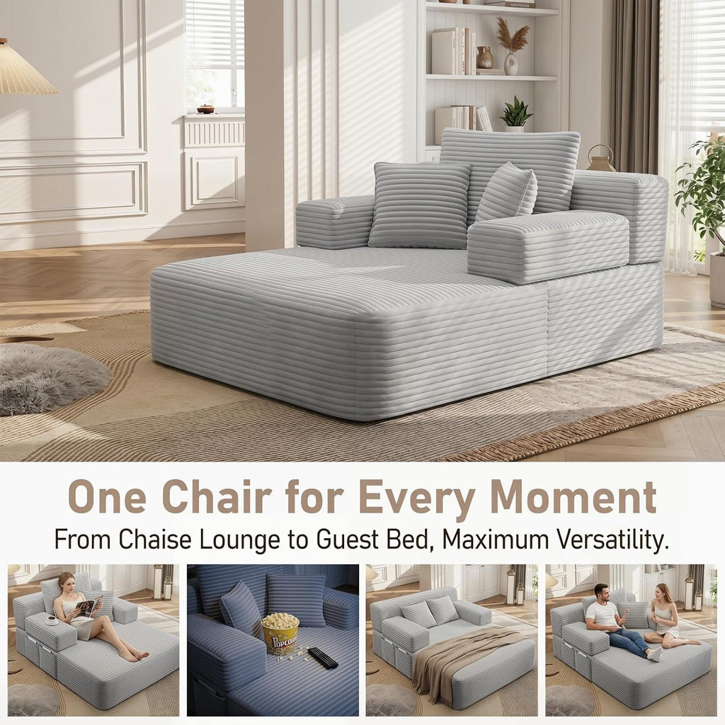 Oversized Boneless Chaise Sofa Bed, Corduroy Chaise Lounge Chair Indoor with Storage Pockets, Upholstered Cloud Sleeper Chair Bed for Small Space, Living Room, Bedroom, Apartment, Light Grey