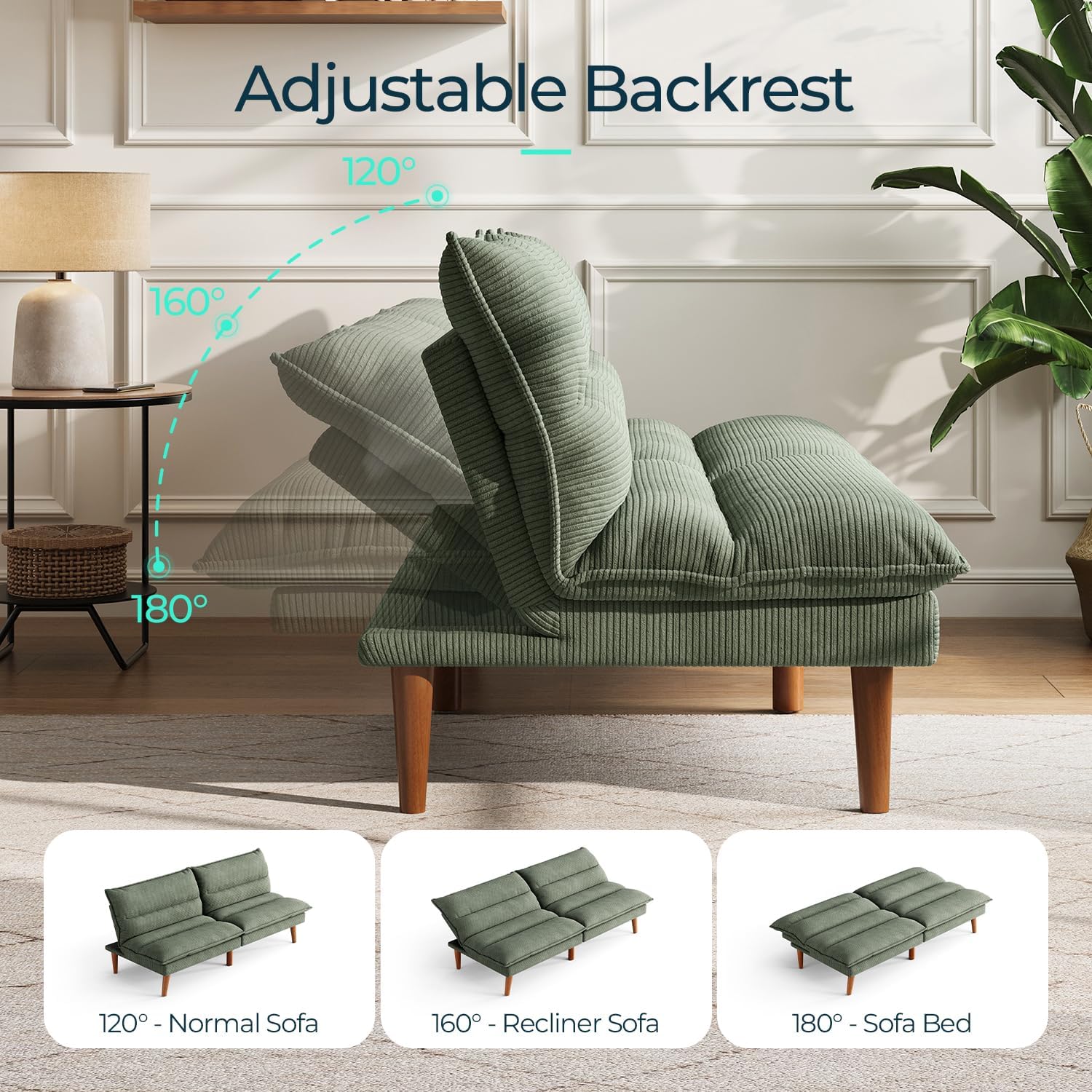 LINSY Futon Sofa Bed: Corduroy Futon Couch with Adjustable Backrest, Comfy Loveseat Convertible Folding Sleeper Sofa Couches for Small Spaces Living Rooms Apartment Office, Green