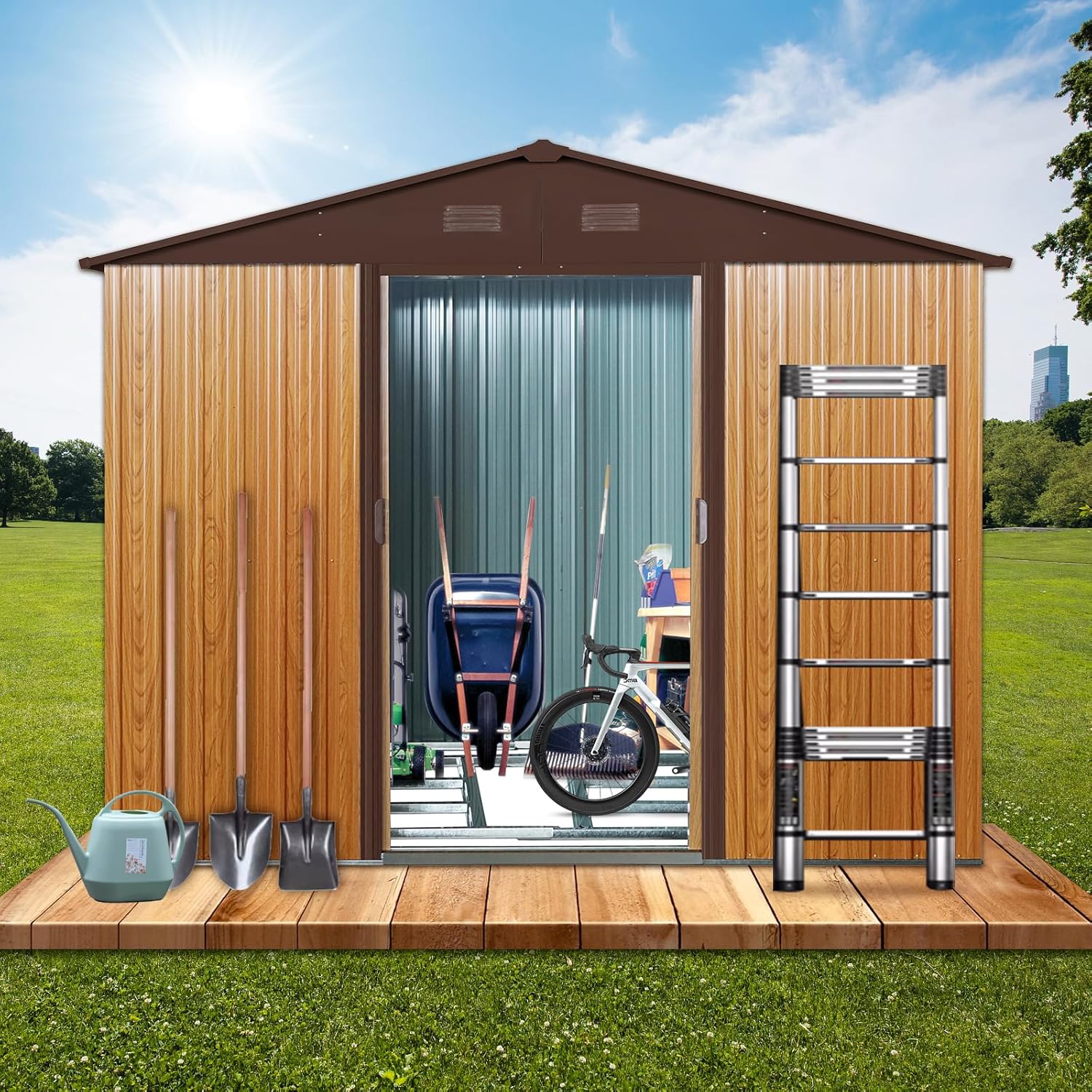 KEIKI 8x6 FT Outdoor Metal Storage Shed with Peaked Roof,Vents and Lockable Sliding Door for Garden Yard Lawn